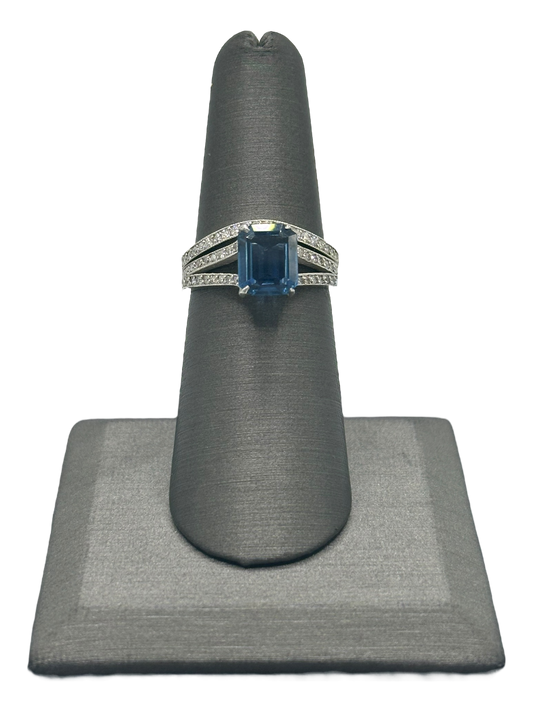 Emerald Cut Sapphire & Diamond Bridal Ring With Matching Diamond Band