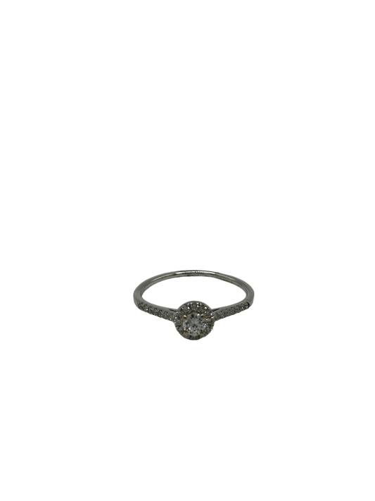 Round Diamond With Diamond Halo & Diamonds Down Shank White Gold Bridal Ring