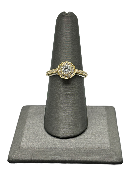 Round Cut Bridal Ring With Flower Shape Diamond Halo & Diamonds Down Shank