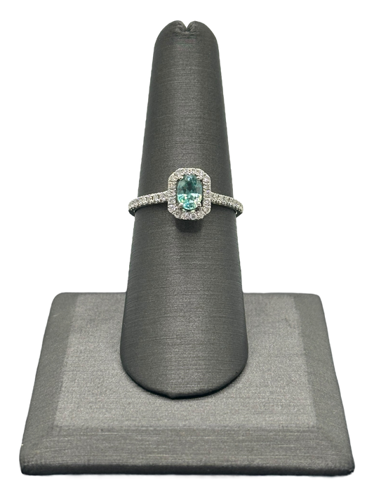 Blue Zircon Ring With Diamond Halo