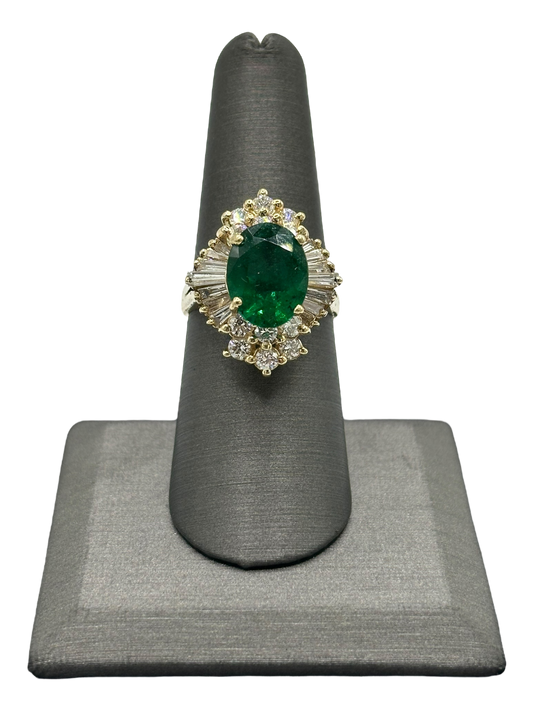 Oval Cut Zambian Emerald Ring With Baguette & Round Cut Diamonds