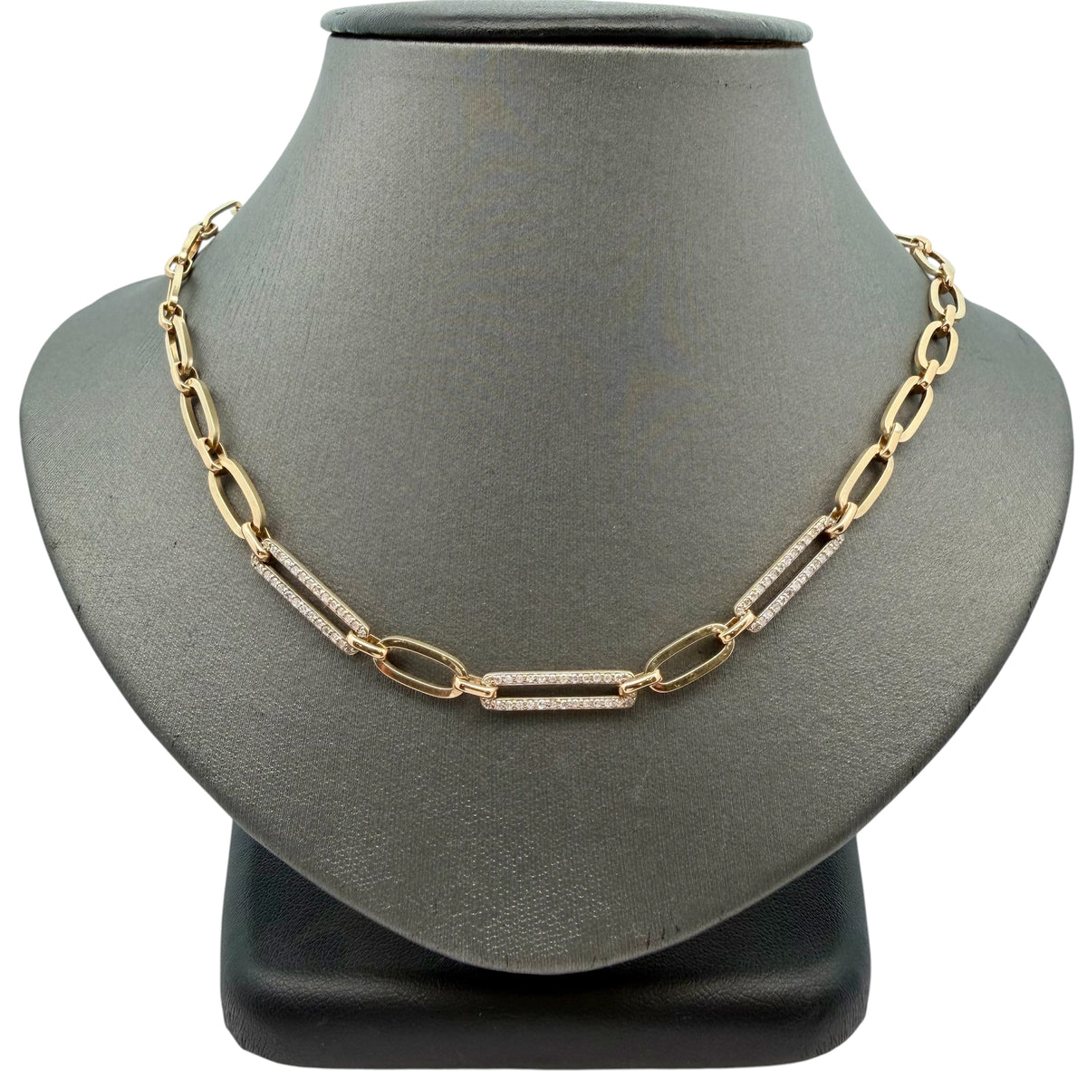 A Yellow Gold Paperclip Necklace with three diamond covered links at Forever Rox Fine Jewelry, Lake Tahoes Best Jewelry Store

