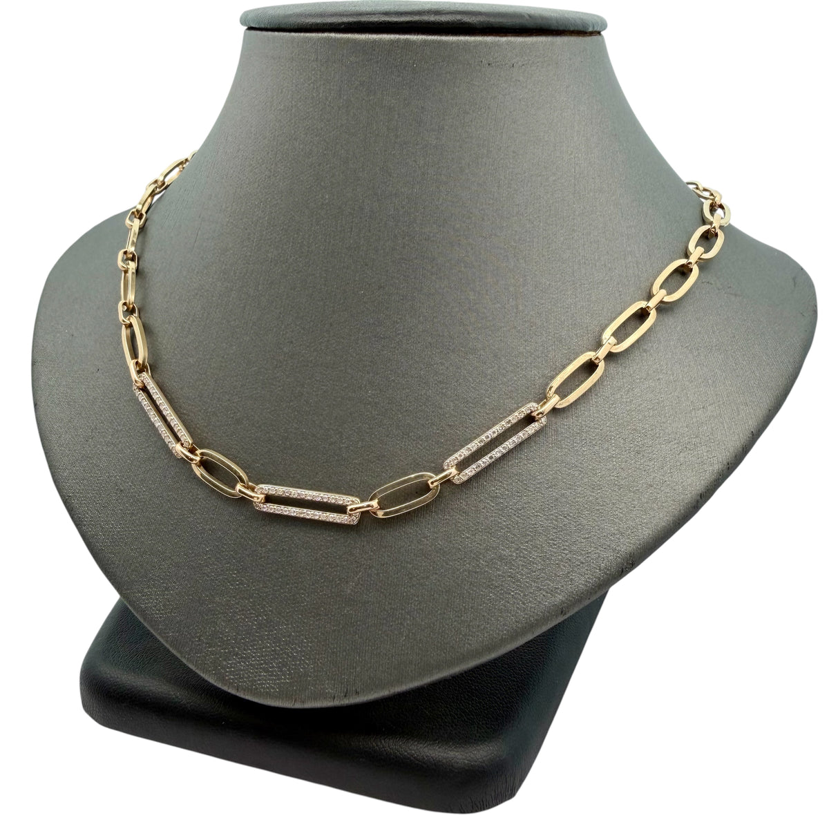 A Yellow Gold Paperclip Necklace with three diamond covered links at Forever Rox Fine Jewelry, Lake Tahoes Best Jewelry Store
