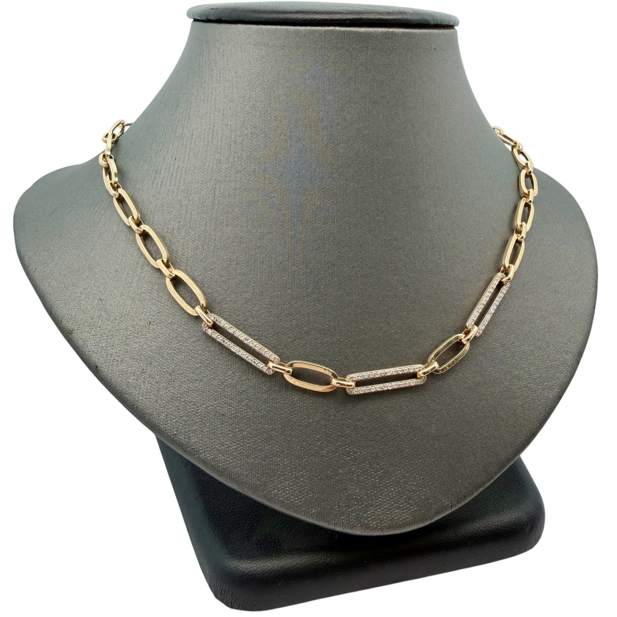 A Yellow Gold Paperclip Necklace with three diamond covered links at Forever Rox Fine Jewelry, Lake Tahoes Best Jewelry Store
