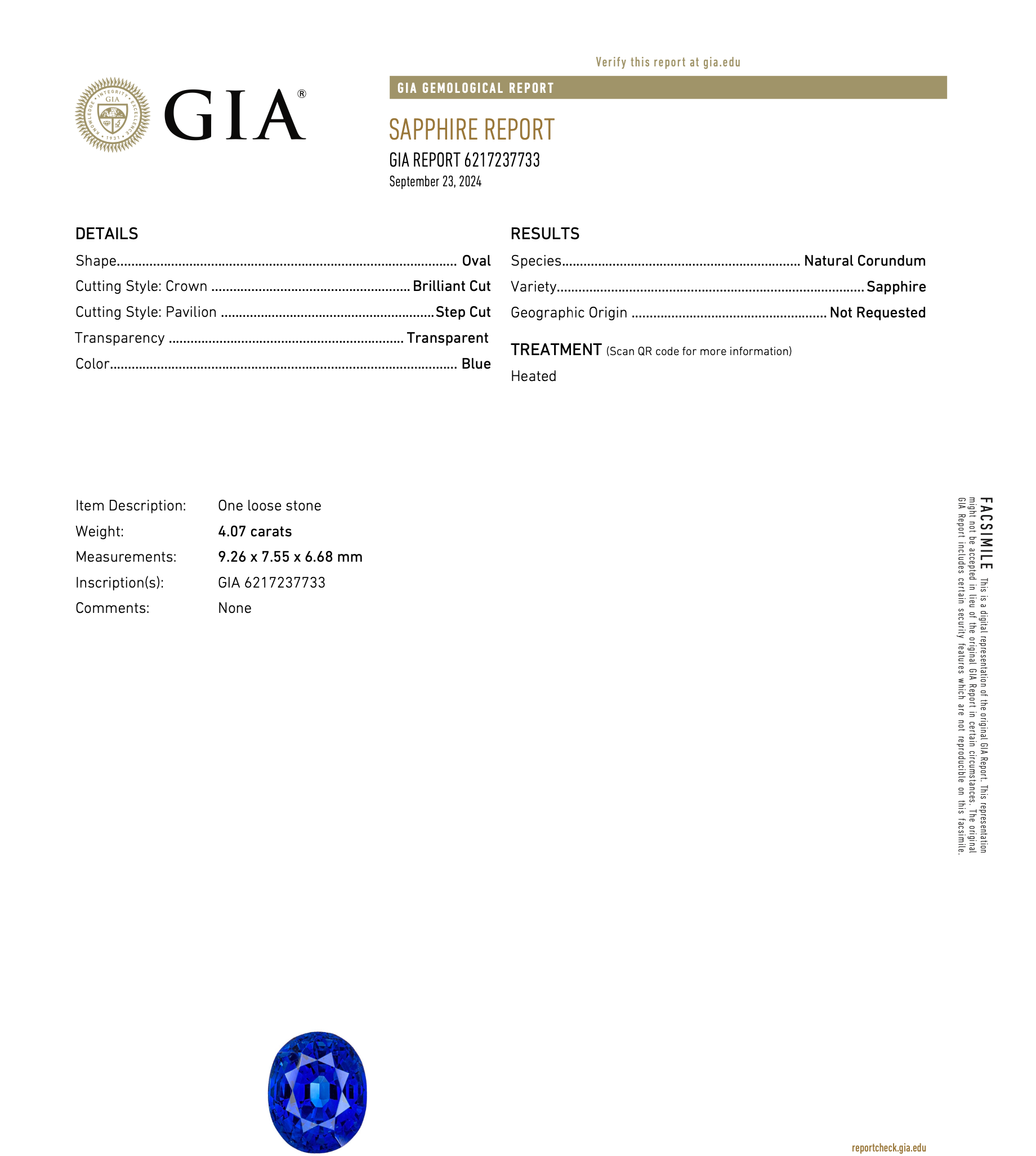 A GIA Sapphire Report card showing details and results for a blue oval-cut sapphire gemstone, with GIA branding and a blue gemstone illustration at the bottom.
