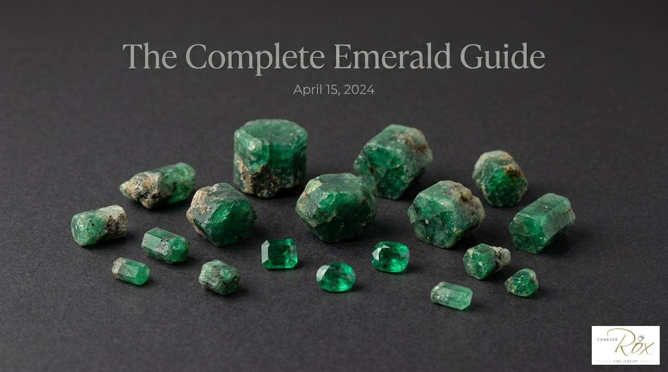 Collection of green emeralds on a dark background with 'The Complete Emerald Guide' text.