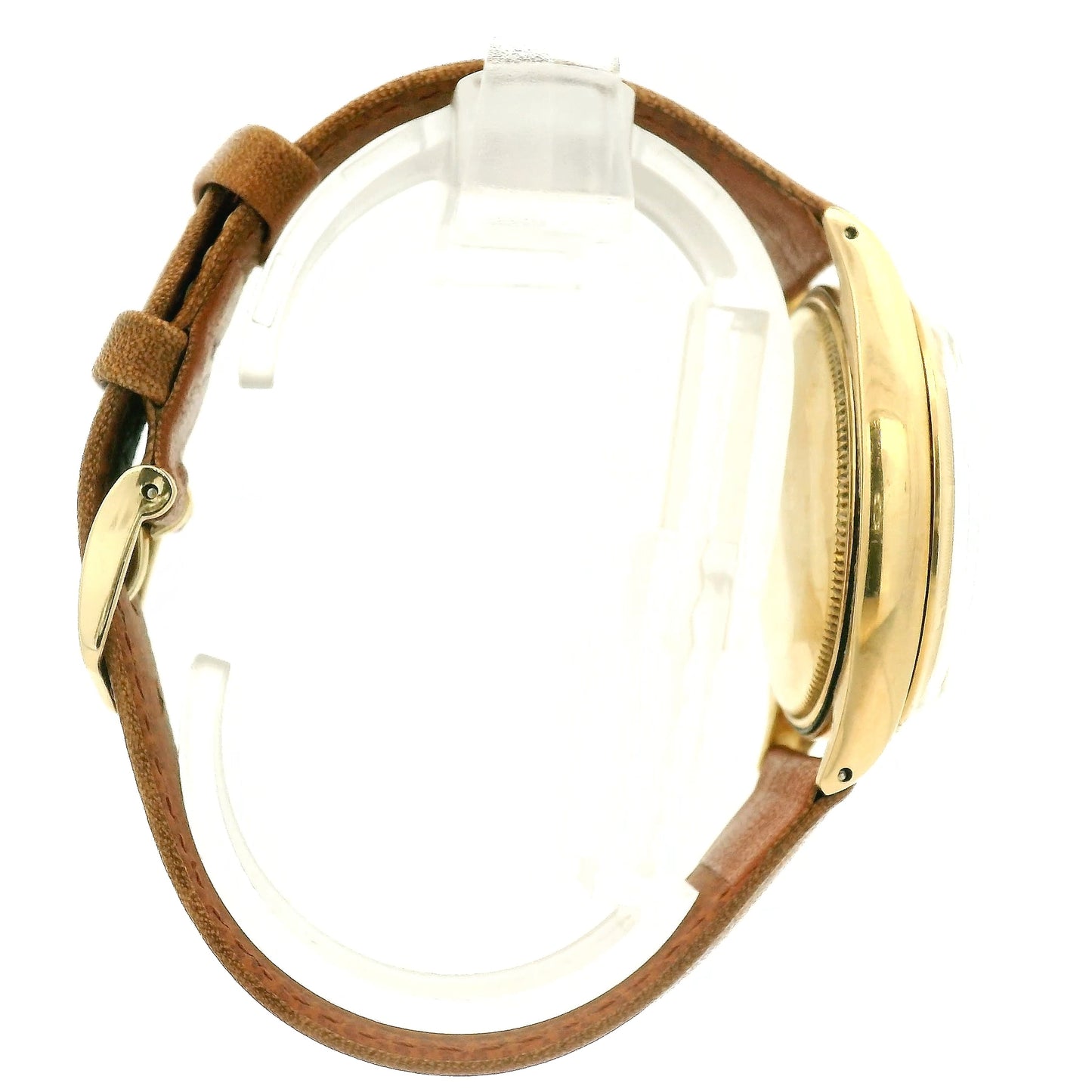 A vintage Rolex Oyster Perpetual watch with a gold-tone case, cream-colored dial, and a brown leather strap, shown against a plain white background at Forever Rox Fine Jewelry, Lake Tahoes Best Jewelry Store