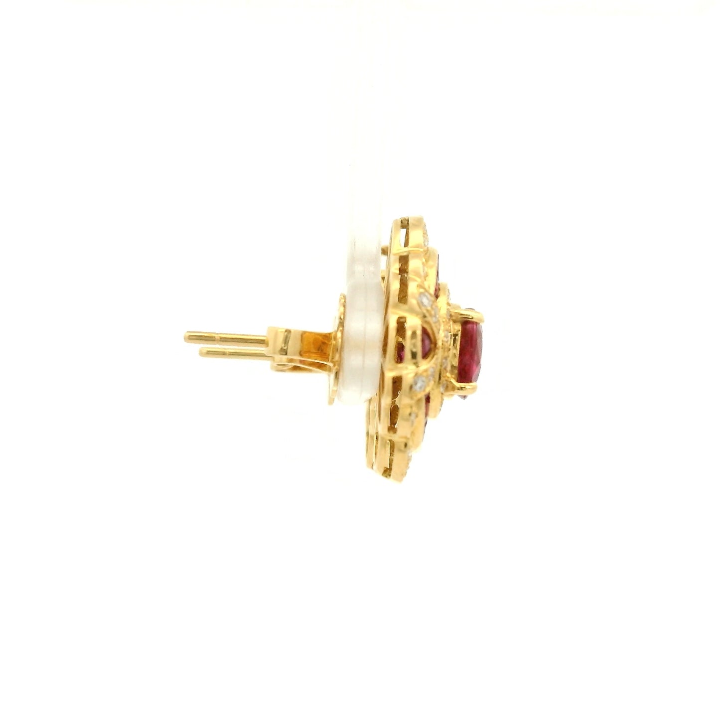A Pair of Yellow Gold Earrings with prong set oval cut natural Rubies in the center with french cut rubies and diamonds around them at Forever Rox Fine Jewelry, Lake Tahoes Best Jewelry Store
