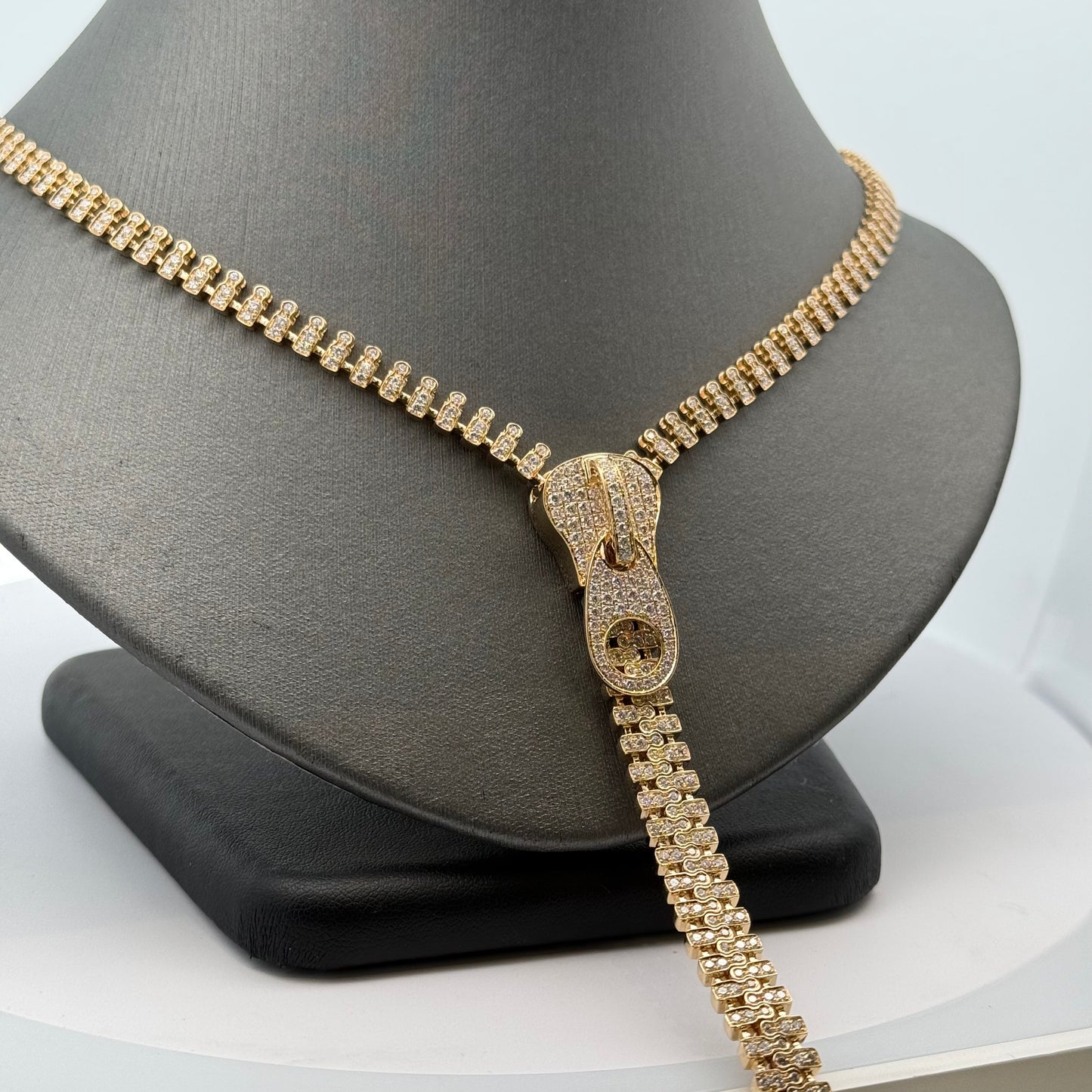 A Yellow Gold Zipper Necklace with natural Diamonds that works as a zipper at Forever Rox Fine Jewelry, Lake Tahoes Best Jewelry Store