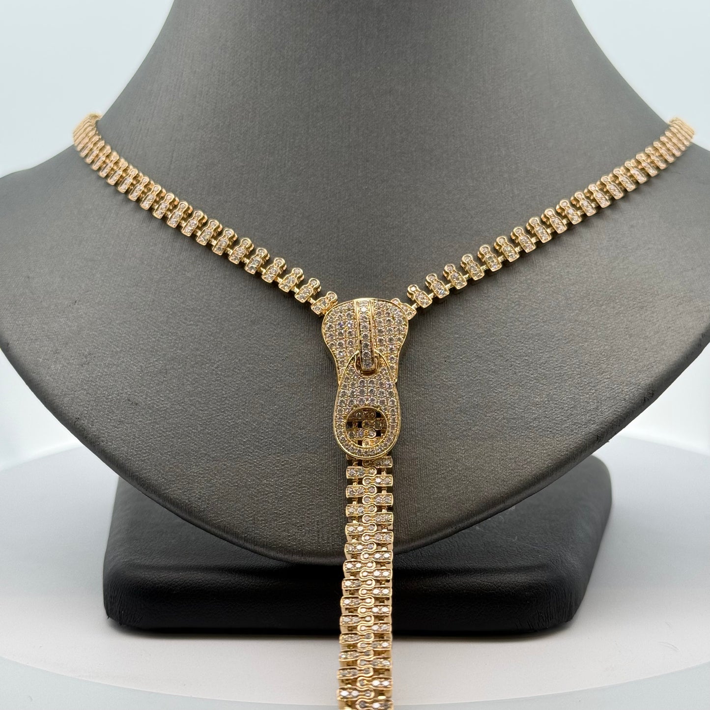 A Yellow Gold Zipper Necklace with natural Diamonds that works as a zipper at Forever Rox Fine Jewelry, Lake Tahoes Best Jewelry Store