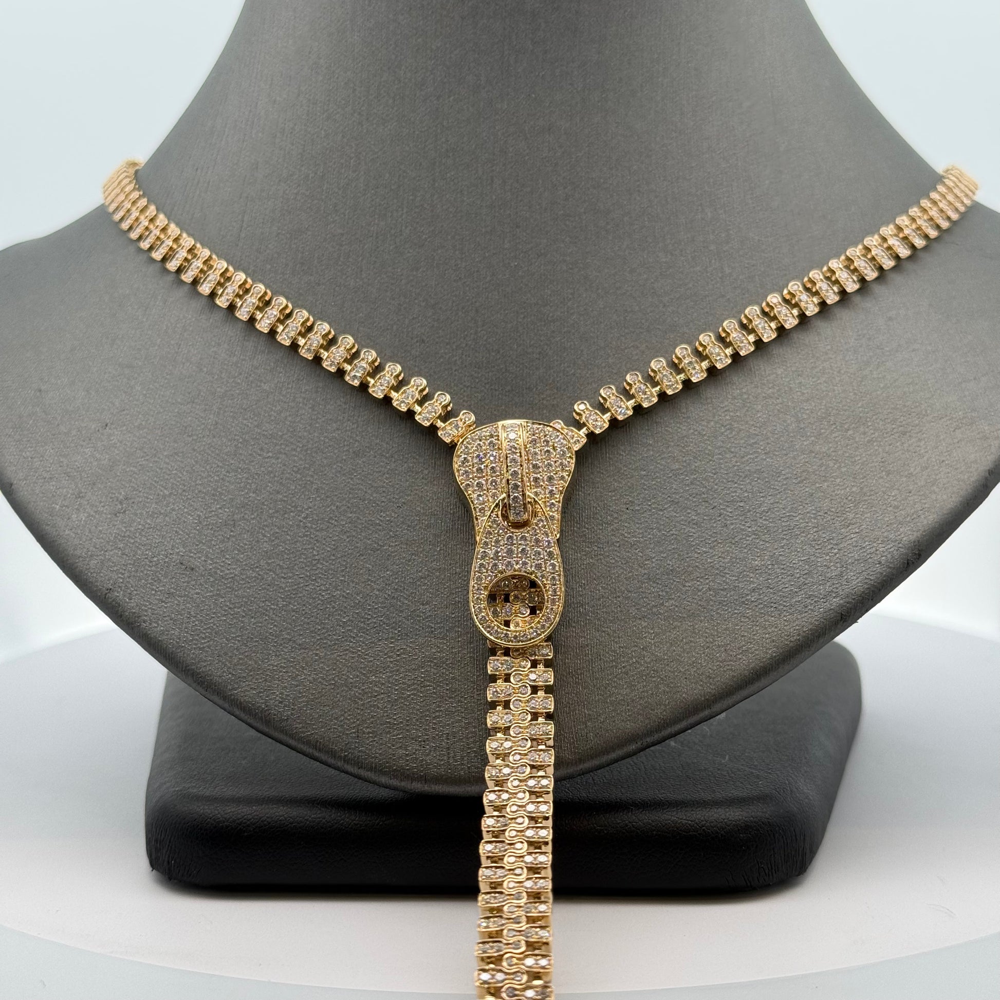 A Yellow Gold Zipper Necklace with natural Diamonds that works as a zipper at Forever Rox Fine Jewelry, Lake Tahoes Best Jewelry Store