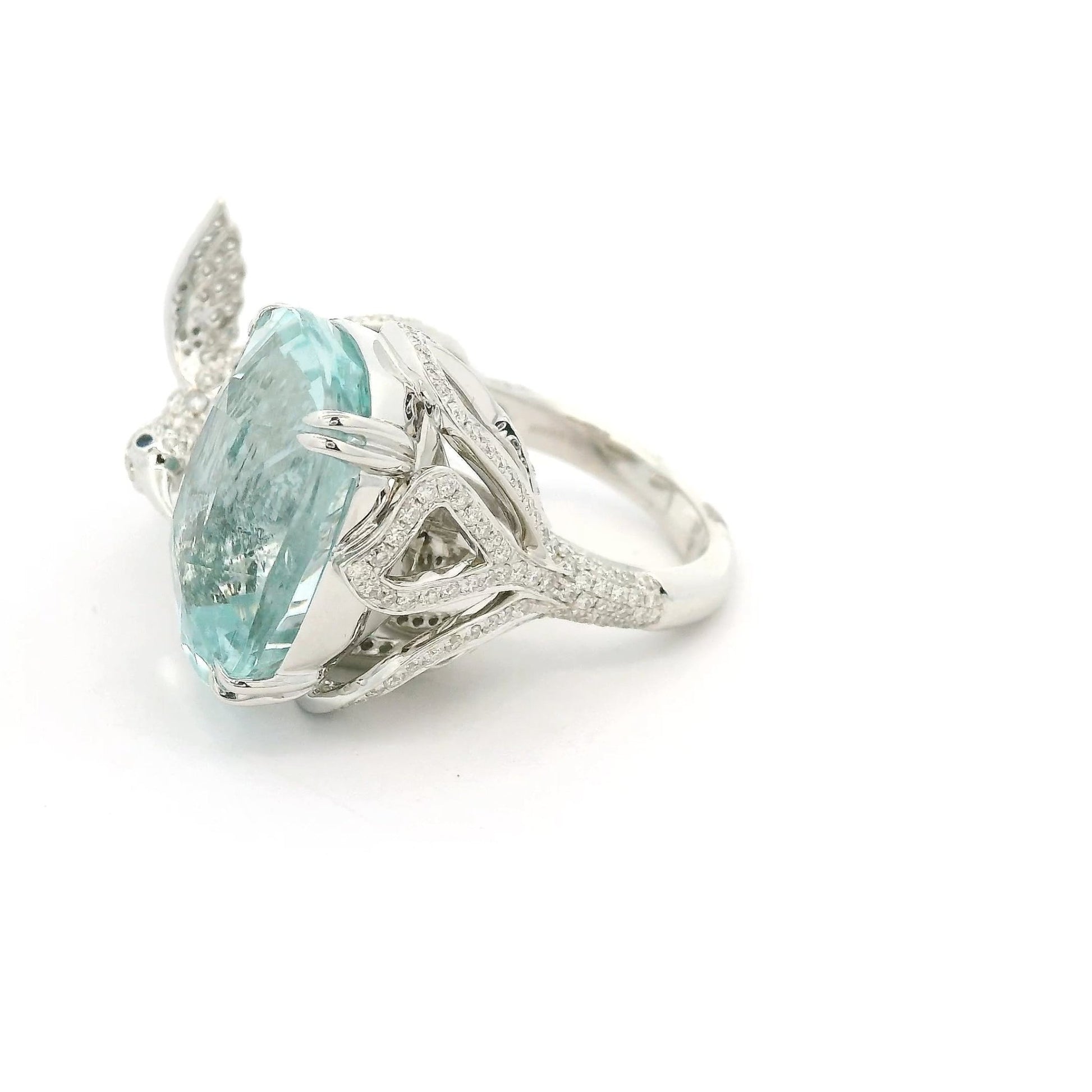 A Diamond Bird Drinking From A Aquamarine Pond Ring - Forever Rox Fine Jewelry
