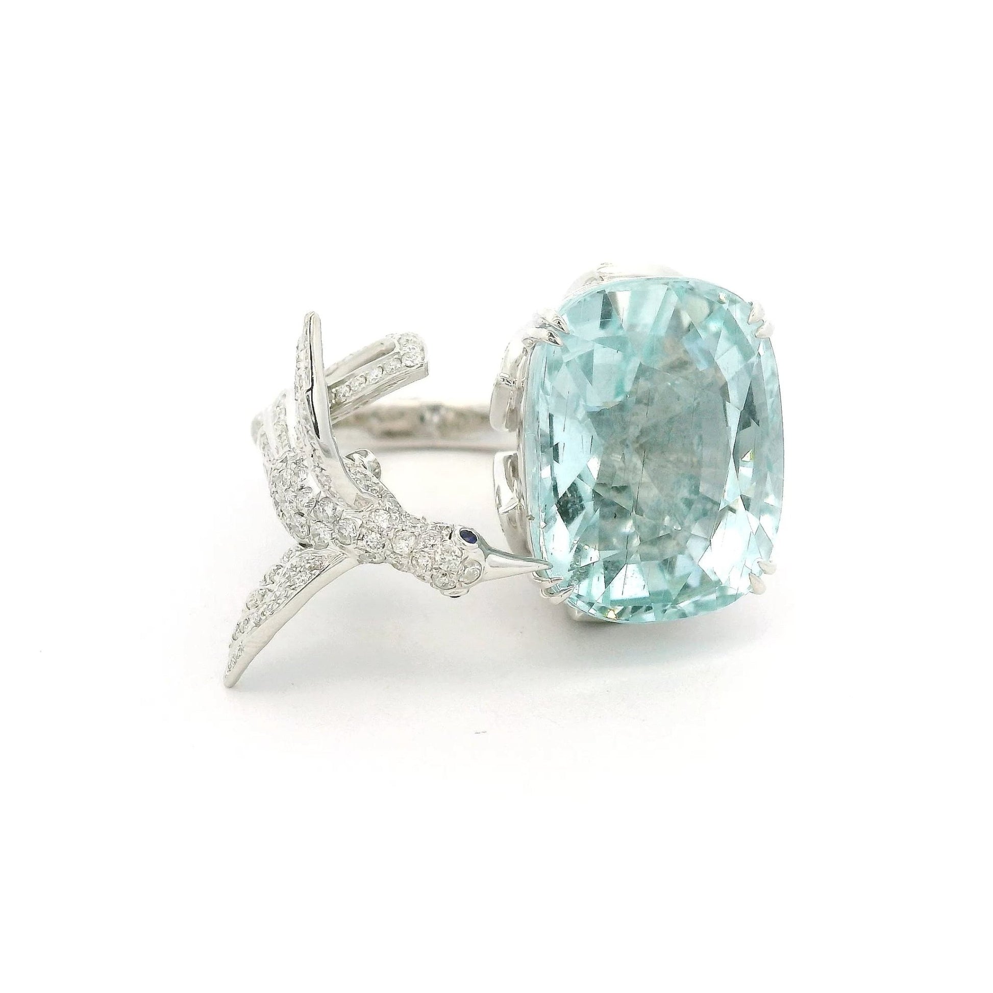 A Diamond Bird Drinking From A Aquamarine Pond Ring - Forever Rox Fine Jewelry