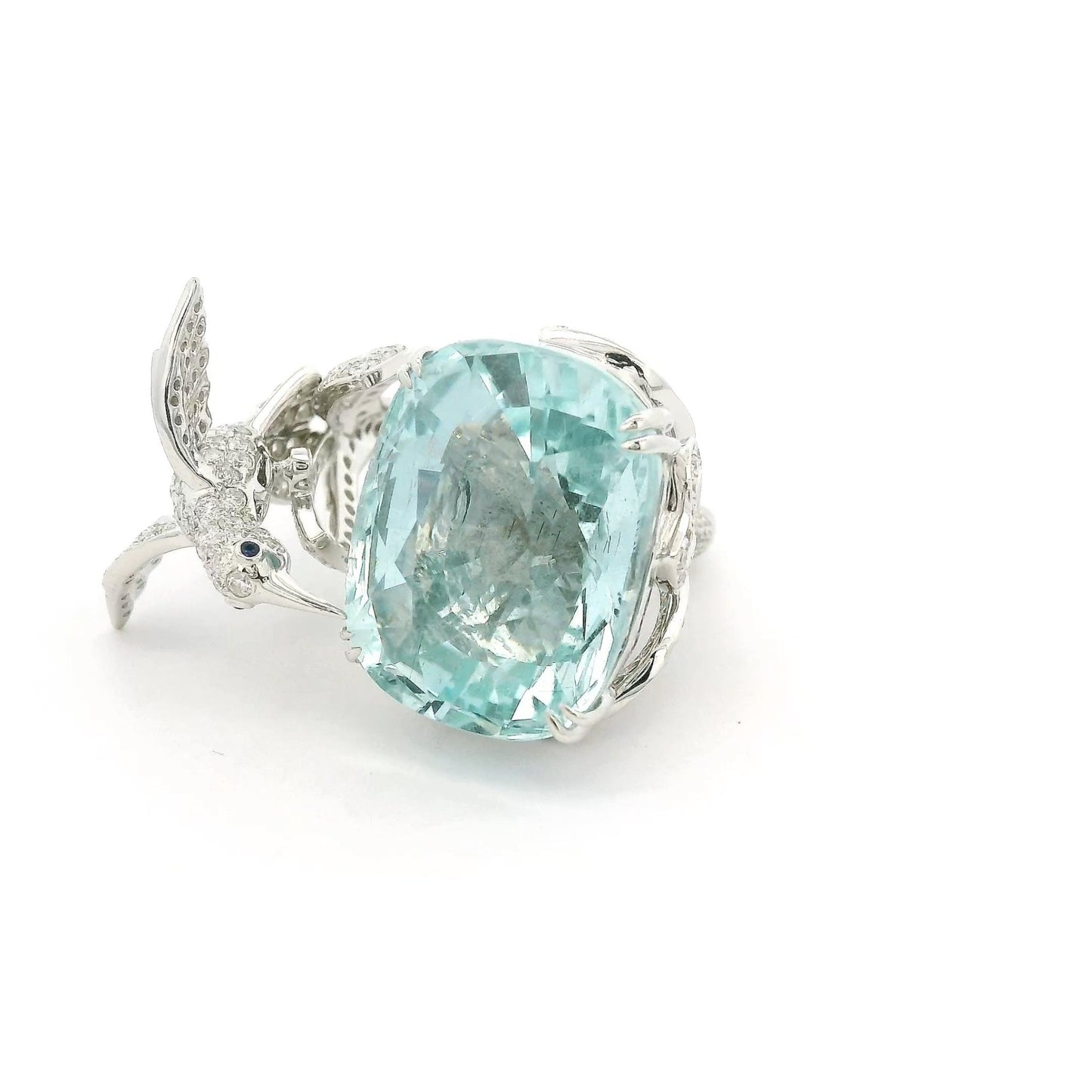 A Diamond Bird Drinking From A Aquamarine Pond Ring - Forever Rox Fine Jewelry