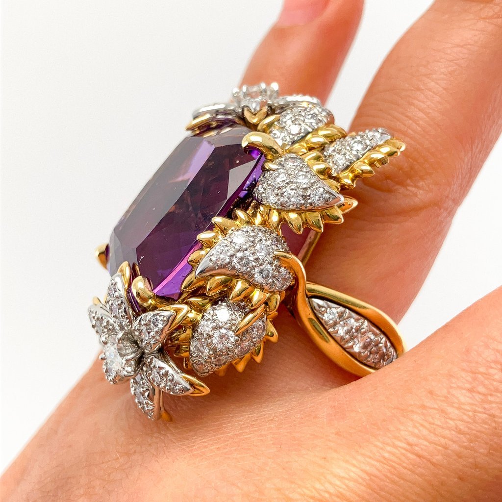 Amethyst & Diamond Floral Cocktail Ring by Bielka, 18k & Platinum - Forever Rox Fine Jewelry