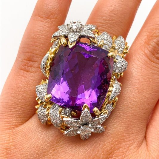 Amethyst & Diamond Floral Cocktail Ring by Bielka, 18k & Platinum - Forever Rox Fine Jewelry