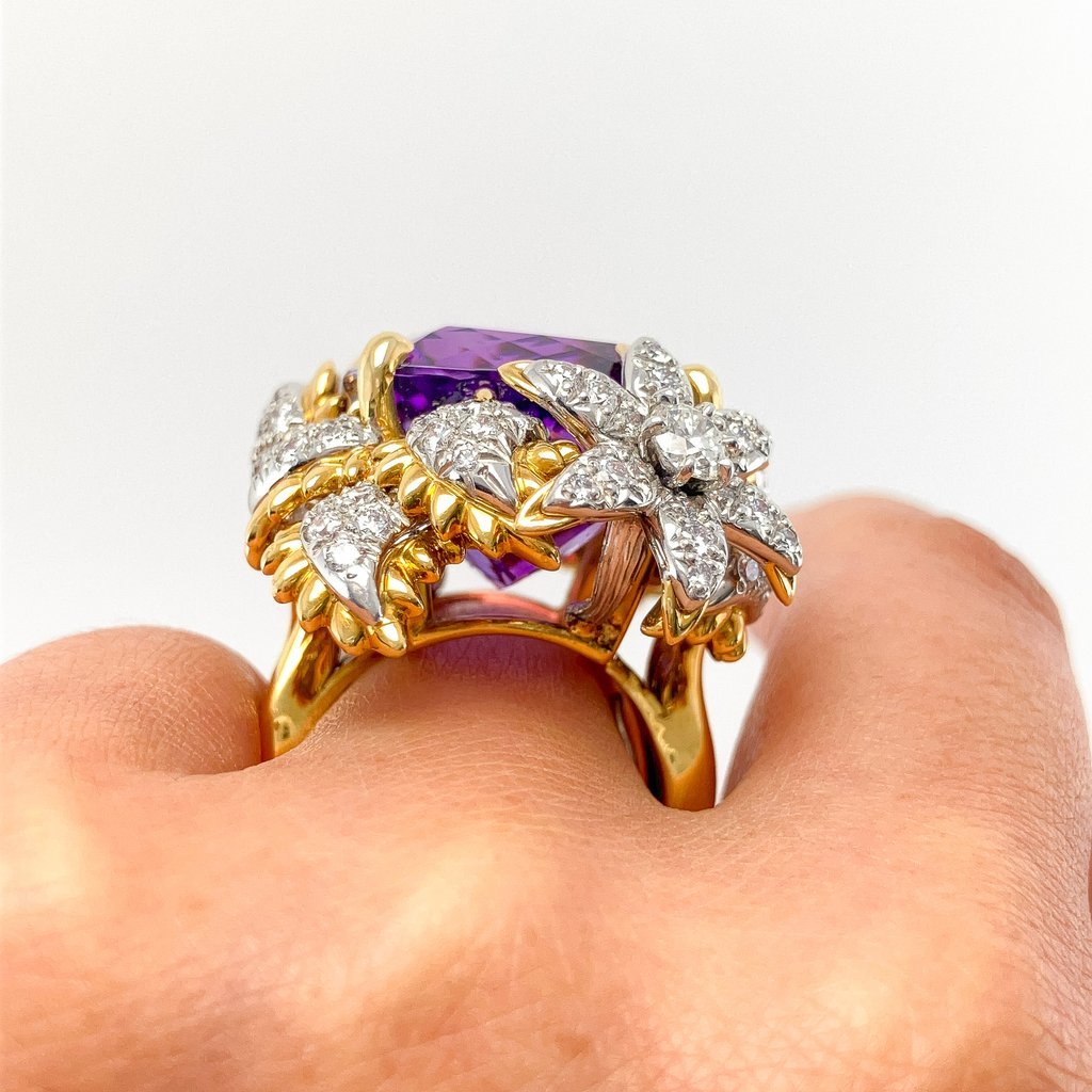 Amethyst & Diamond Floral Cocktail Ring by Bielka, 18k & Platinum - Forever Rox Fine Jewelry