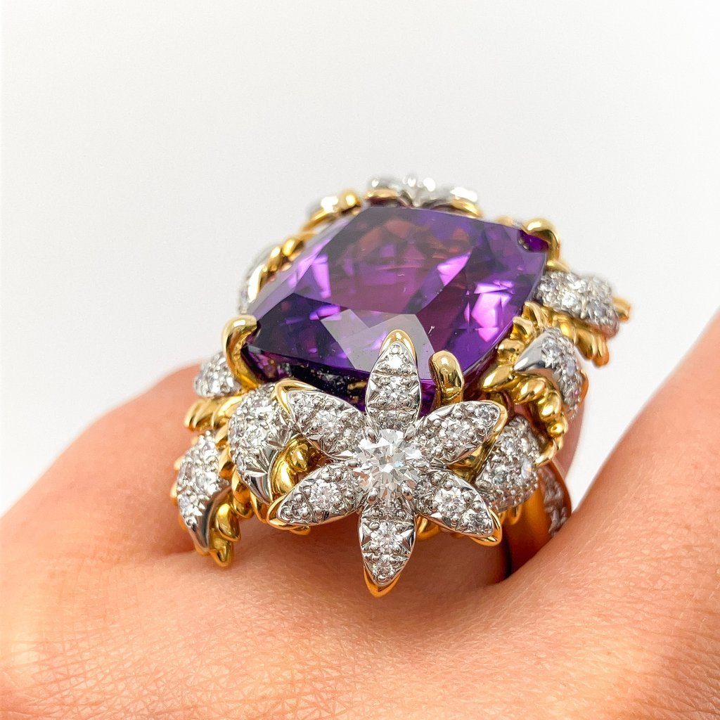 Amethyst & Diamond Floral Cocktail Ring by Bielka, 18k & Platinum - Forever Rox Fine Jewelry