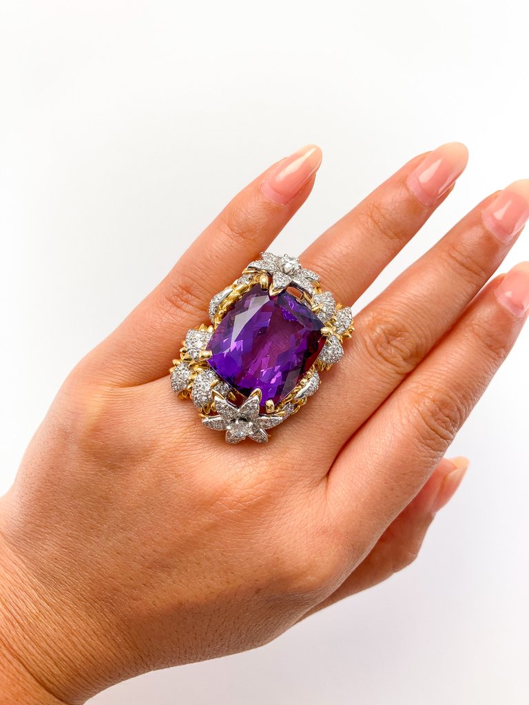 Amethyst & Diamond Floral Cocktail Ring by Bielka, 18k & Platinum - Forever Rox Fine Jewelry