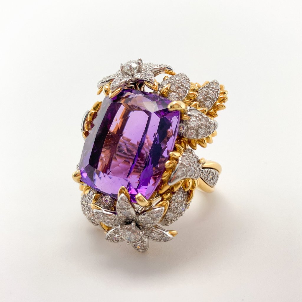 Amethyst & Diamond Floral Cocktail Ring by Bielka, 18k & Platinum - Forever Rox Fine Jewelry