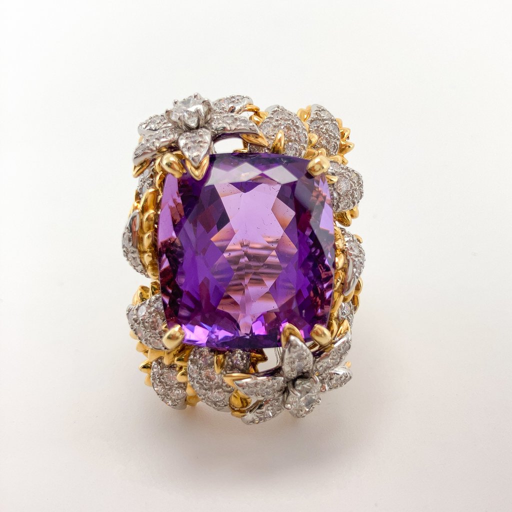 Amethyst & Diamond Floral Cocktail Ring by Bielka, 18k & Platinum - Forever Rox Fine Jewelry