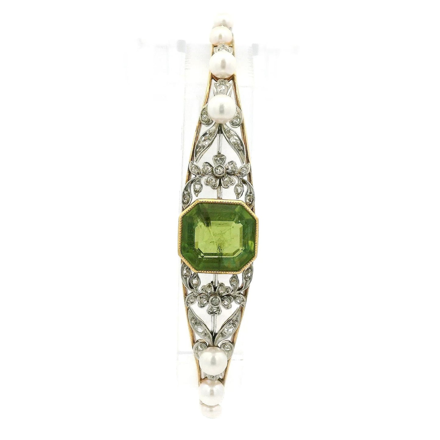 Antique Emerald Cut Peridot, Diamond & Pearl Floral Bangle - Forever Rox Fine Jewelry