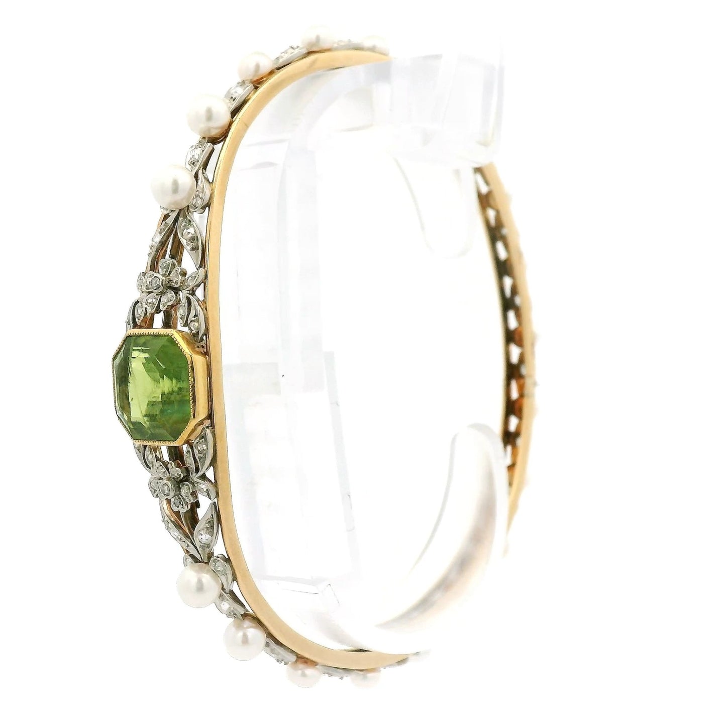 Antique Emerald Cut Peridot, Diamond & Pearl Floral Bangle - Forever Rox Fine Jewelry