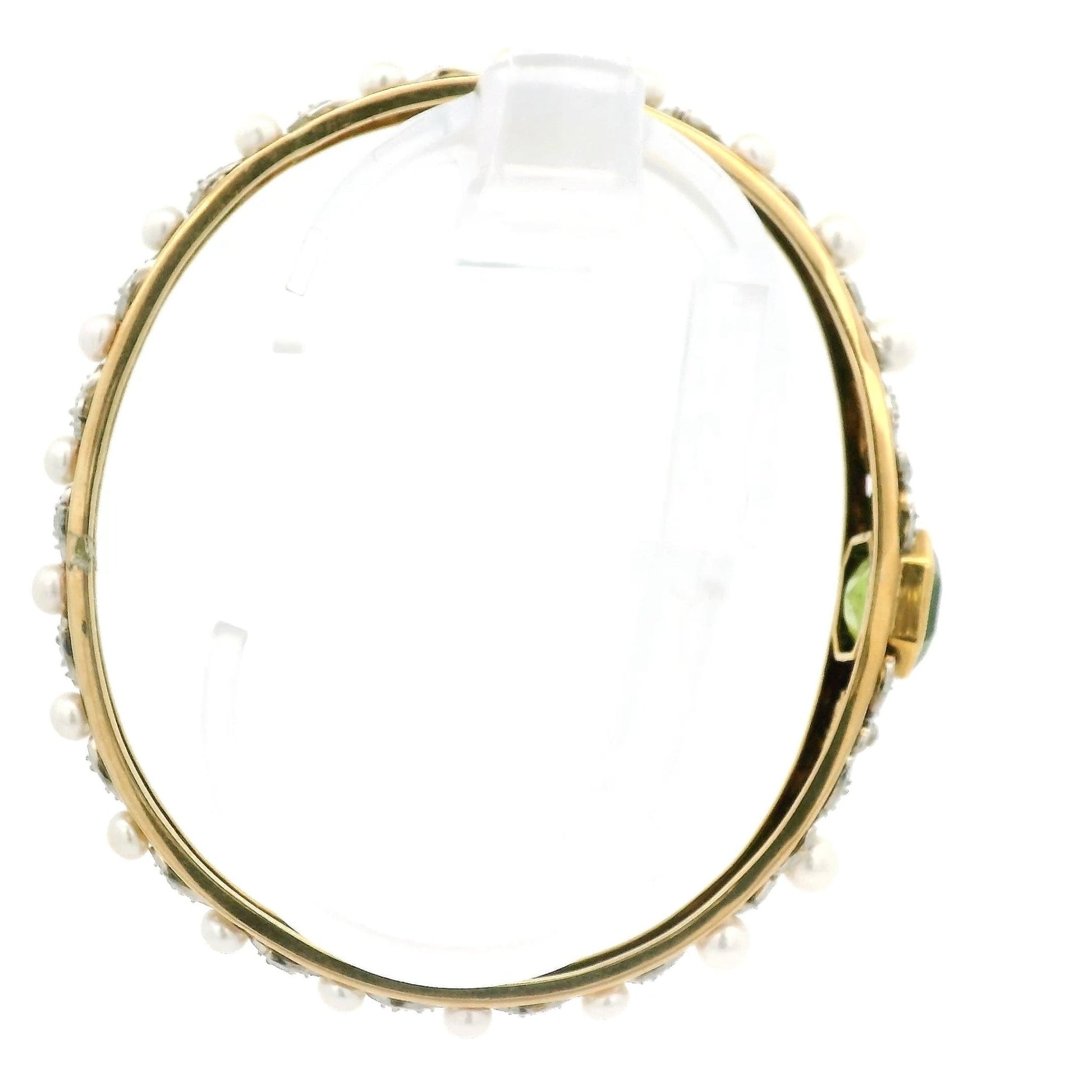 Antique Emerald Cut Peridot, Diamond & Pearl Floral Bangle - Forever Rox Fine Jewelry
