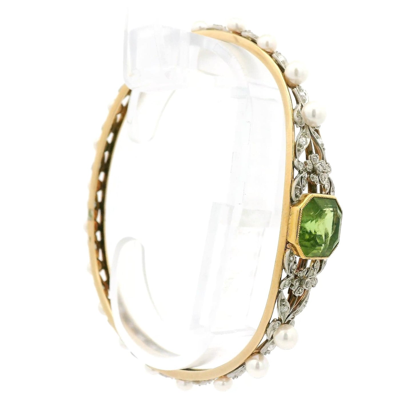 Antique Emerald Cut Peridot, Diamond & Pearl Floral Bangle - Forever Rox Fine Jewelry