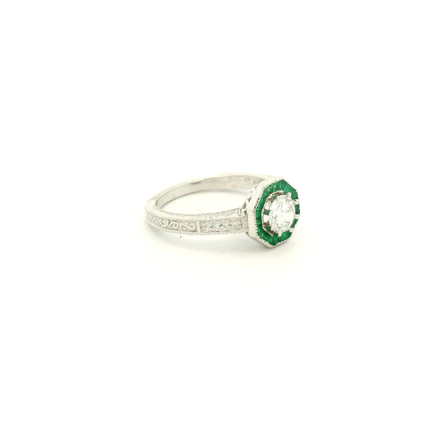 Antique Round Cut Diamond Ring with Baguette Cut Emerald Halo - Forever Rox Fine Jewelry