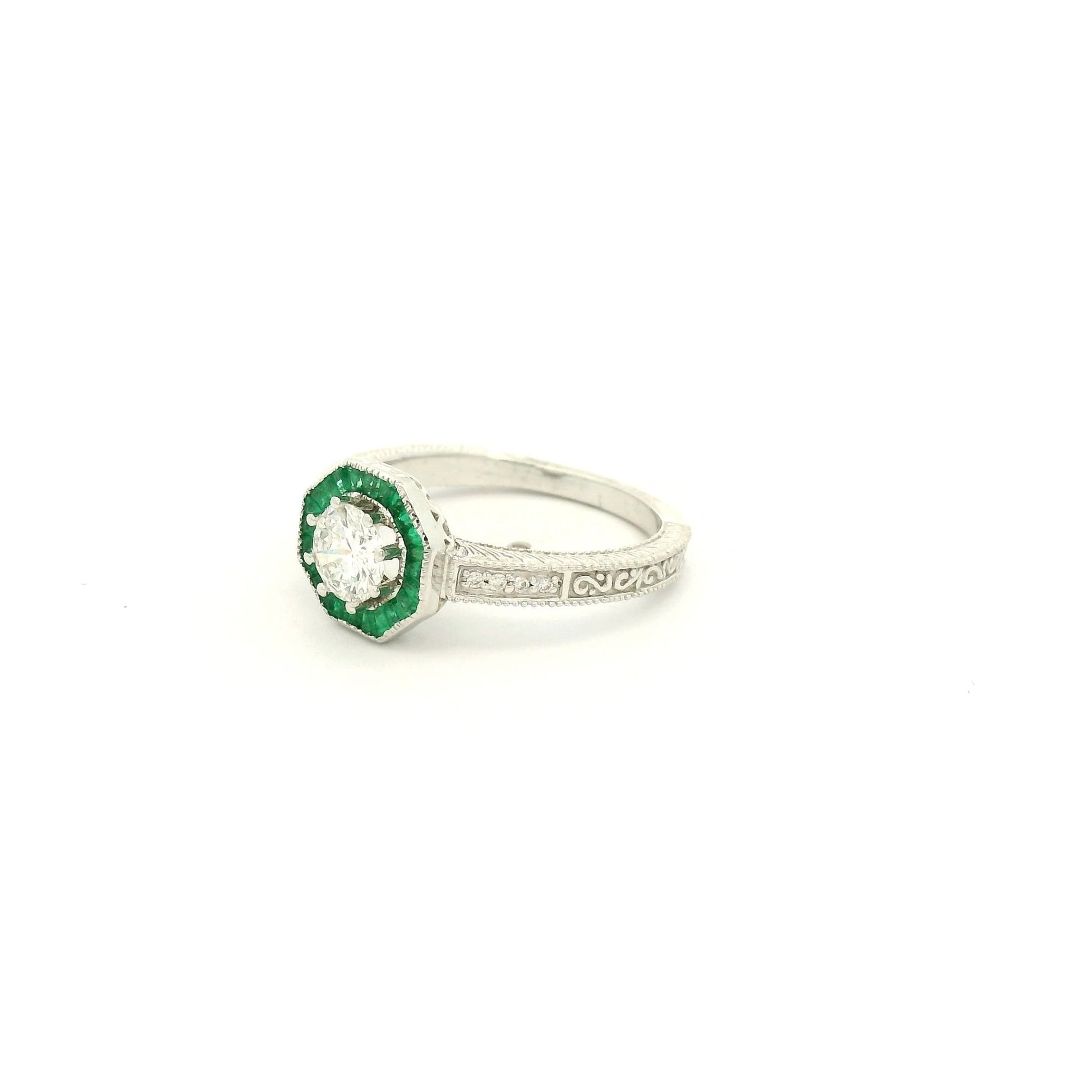 Antique Round Cut Diamond Ring with Baguette Cut Emerald Halo - Forever Rox Fine Jewelry