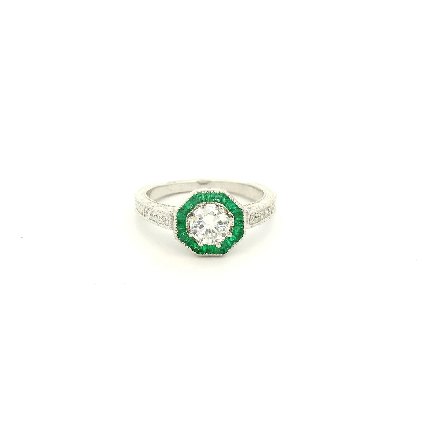 Antique Round Cut Diamond Ring with Baguette Cut Emerald Halo - Forever Rox Fine Jewelry