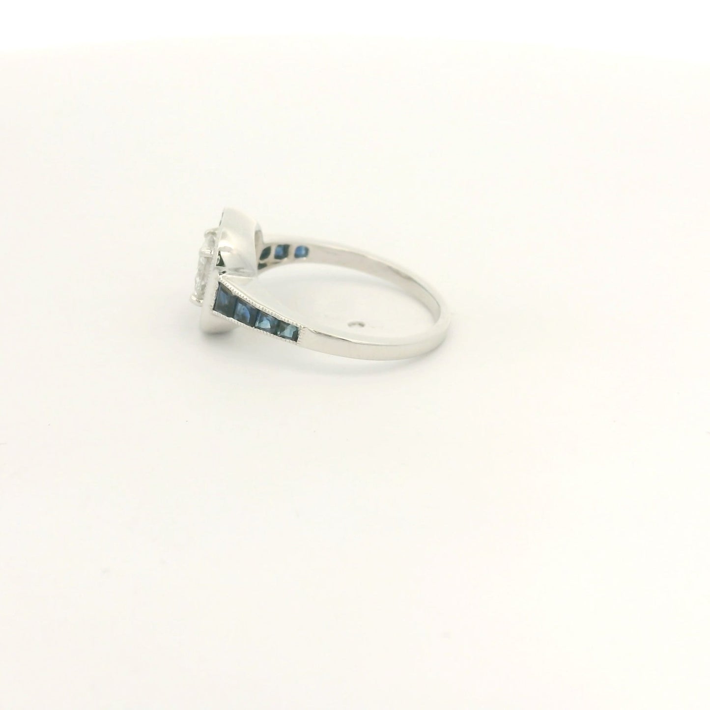Antique Round Cut Diamond Ring With Baguette Sapphires Down Shank & In Halo - Forever Rox Fine Jewelry