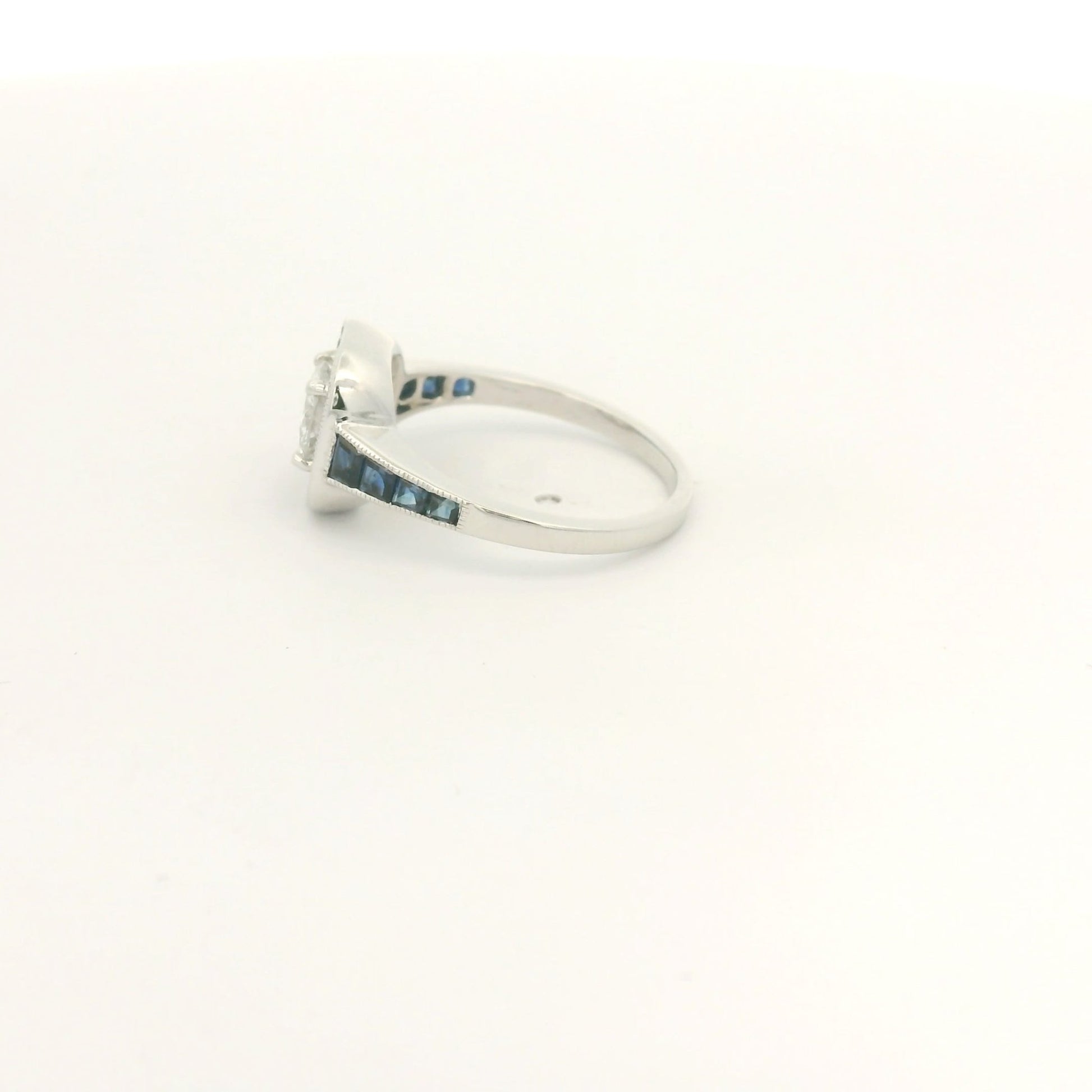 Antique Round Cut Diamond Ring With Baguette Sapphires Down Shank & In Halo - Forever Rox Fine Jewelry
