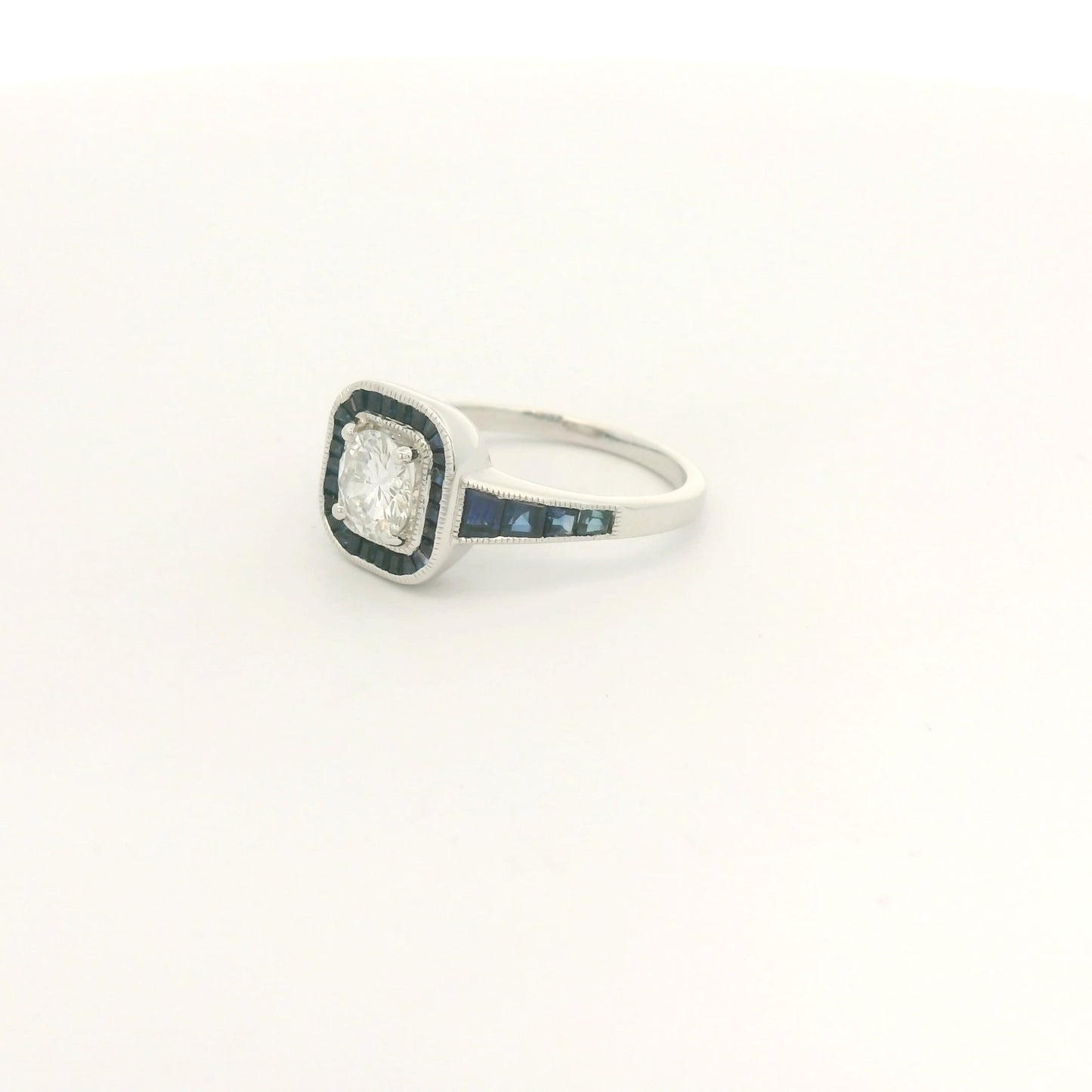 Antique Round Cut Diamond Ring With Baguette Sapphires Down Shank & In Halo - Forever Rox Fine Jewelry