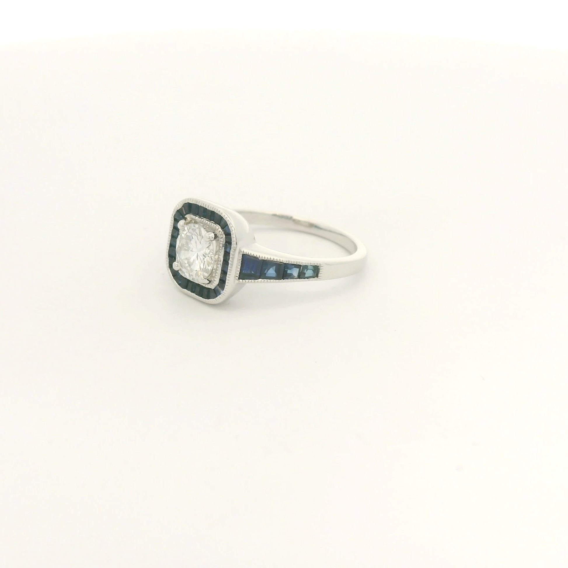 Antique Round Cut Diamond Ring With Baguette Sapphires Down Shank & In Halo - Forever Rox Fine Jewelry
