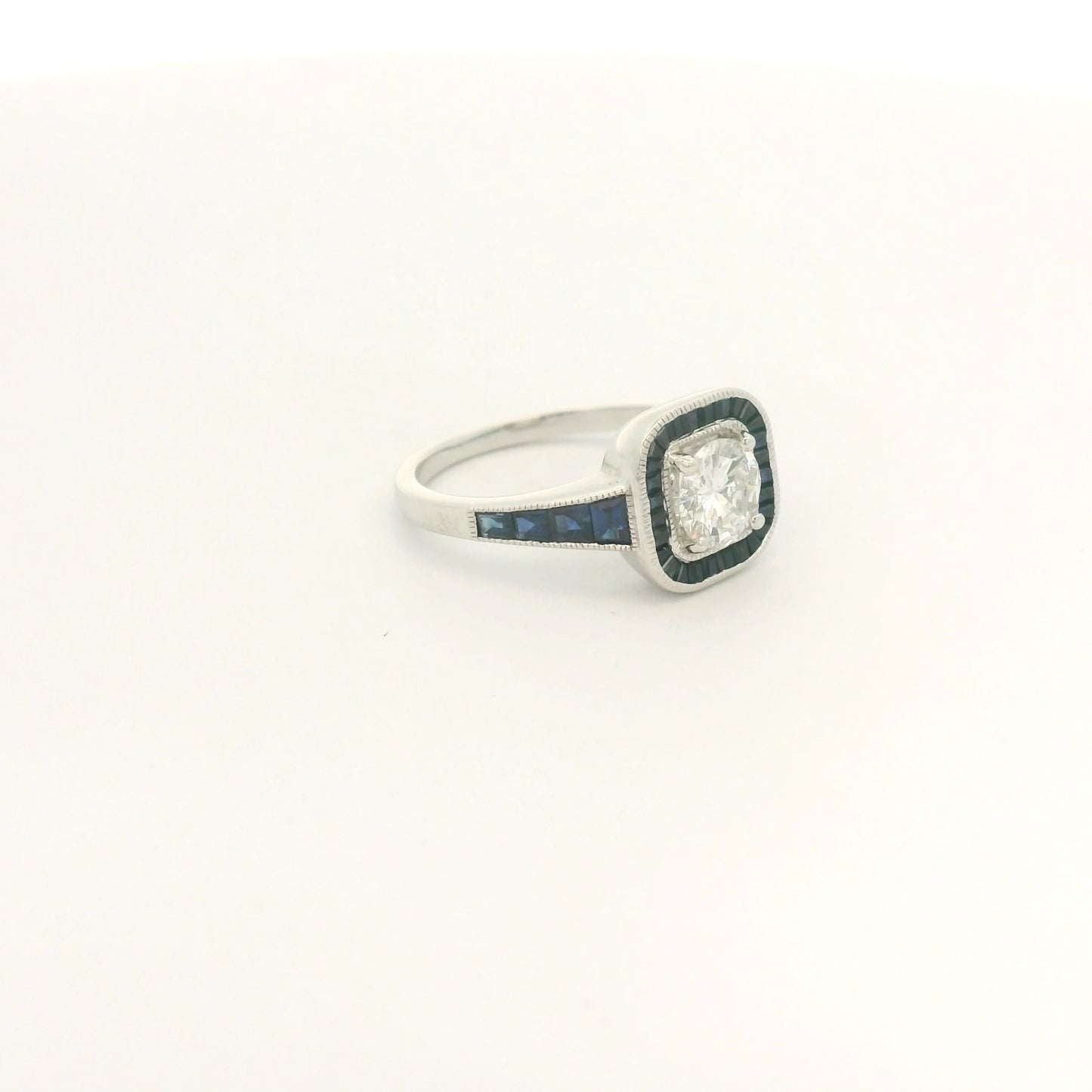 Antique Round Cut Diamond Ring With Baguette Sapphires Down Shank & In Halo - Forever Rox Fine Jewelry
