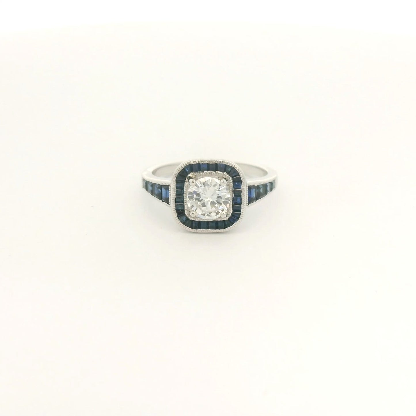 Antique Round Cut Diamond Ring With Baguette Sapphires Down Shank & In Halo - Forever Rox Fine Jewelry