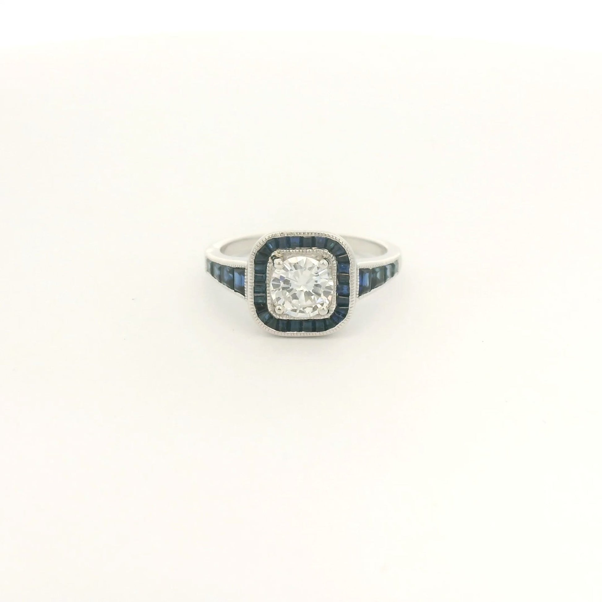 Antique Round Cut Diamond Ring With Baguette Sapphires Down Shank & In Halo - Forever Rox Fine Jewelry