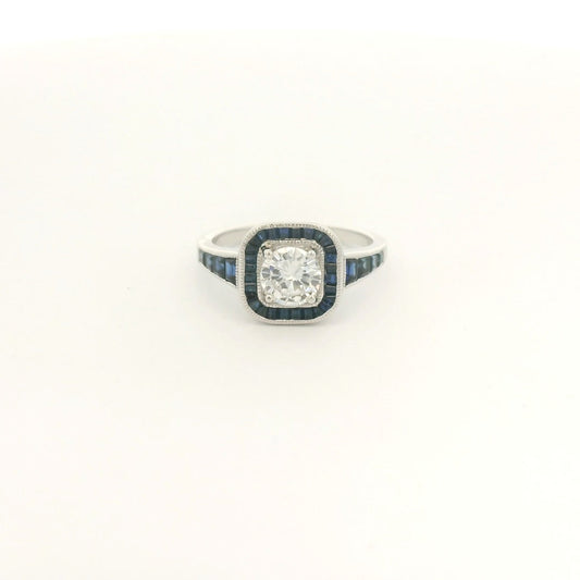 Antique Round Cut Diamond Ring With Baguette Sapphires Down Shank & In Halo - Forever Rox Fine Jewelry