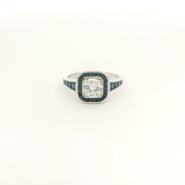 Antique Round Cut Diamond Ring With Baguette Sapphires Down Shank & In Halo - Forever Rox Fine Jewelry