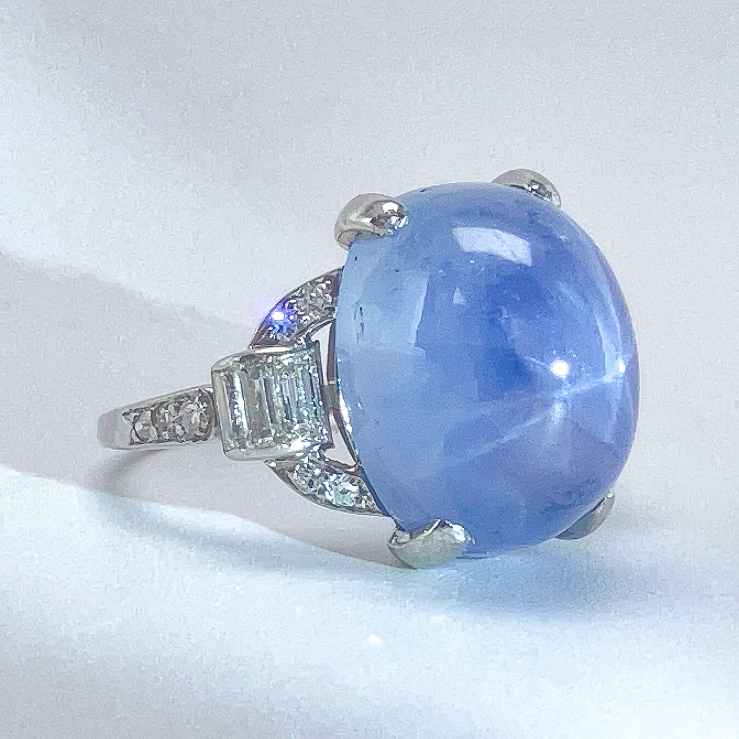 Art Deco ~17ct Star Sapphire & Diamond Ring, Platinum - Forever Rox Fine Jewelry