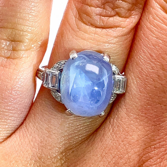 Art Deco ~17ct Star Sapphire & Diamond Ring, Platinum - Forever Rox Fine Jewelry
