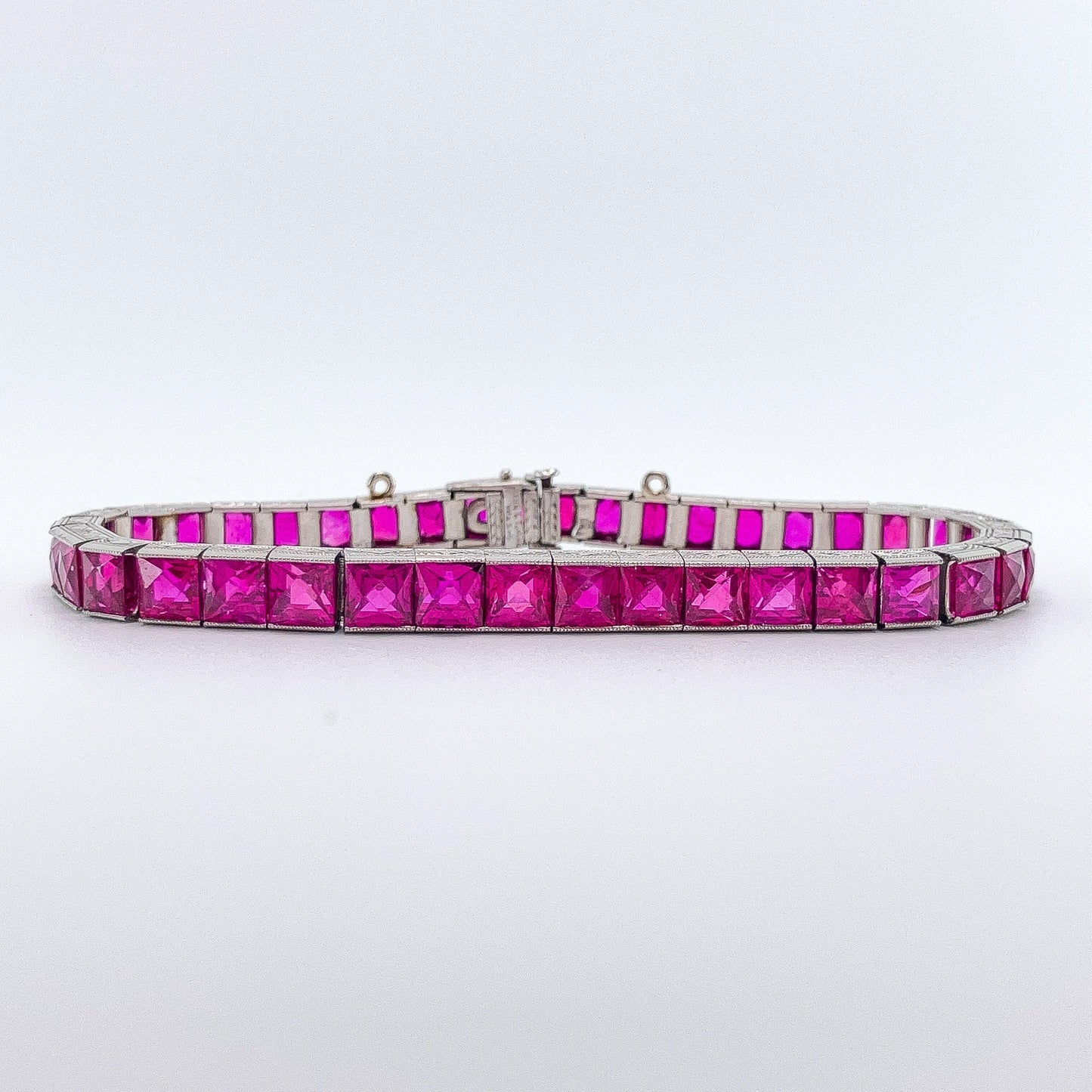 Art Deco French Cut AGL Certified Burma No Heat Ruby Straightline Bracelet, Platinum - Forever Rox Fine Jewelry