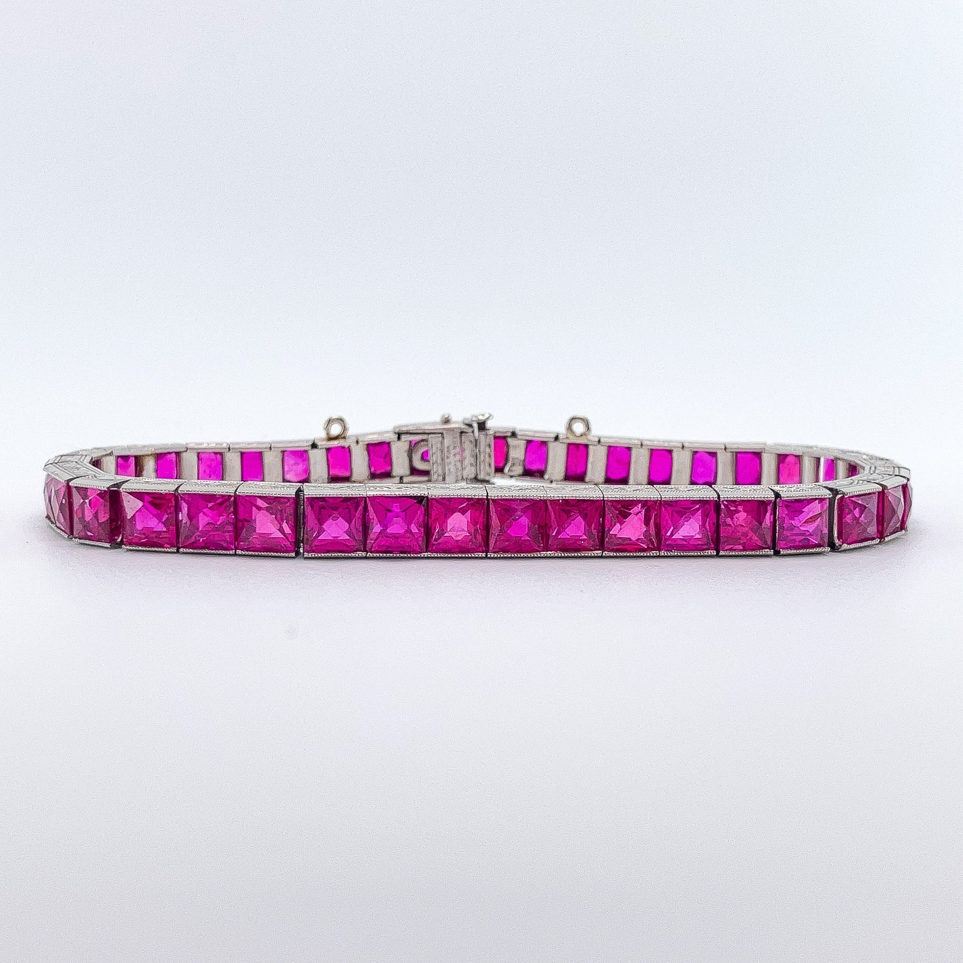Art Deco French Cut AGL Certified Burma No Heat Ruby Straightline Bracelet, Platinum - Forever Rox Fine Jewelry