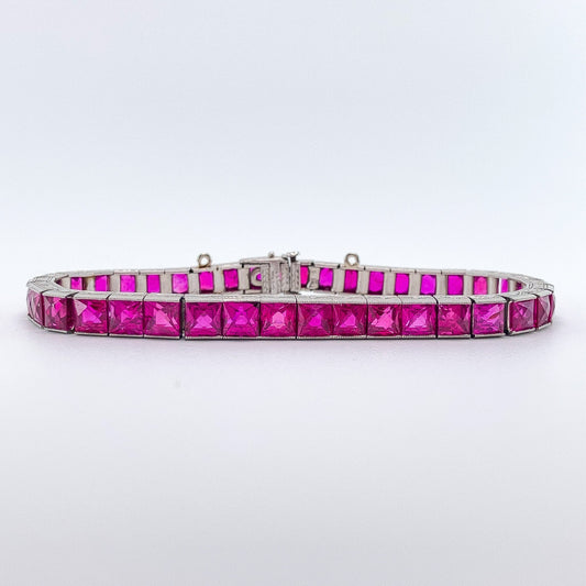 Art Deco French Cut AGL Certified Burma No Heat Ruby Straightline Bracelet, Platinum - Forever Rox Fine Jewelry