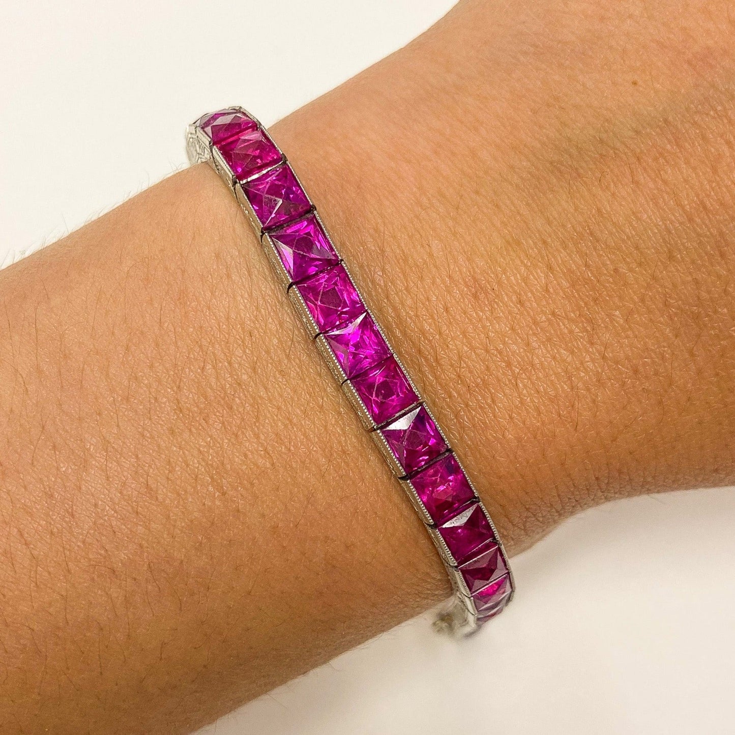 Art Deco French Cut AGL Certified Burma No Heat Ruby Straightline Bracelet, Platinum - Forever Rox Fine Jewelry