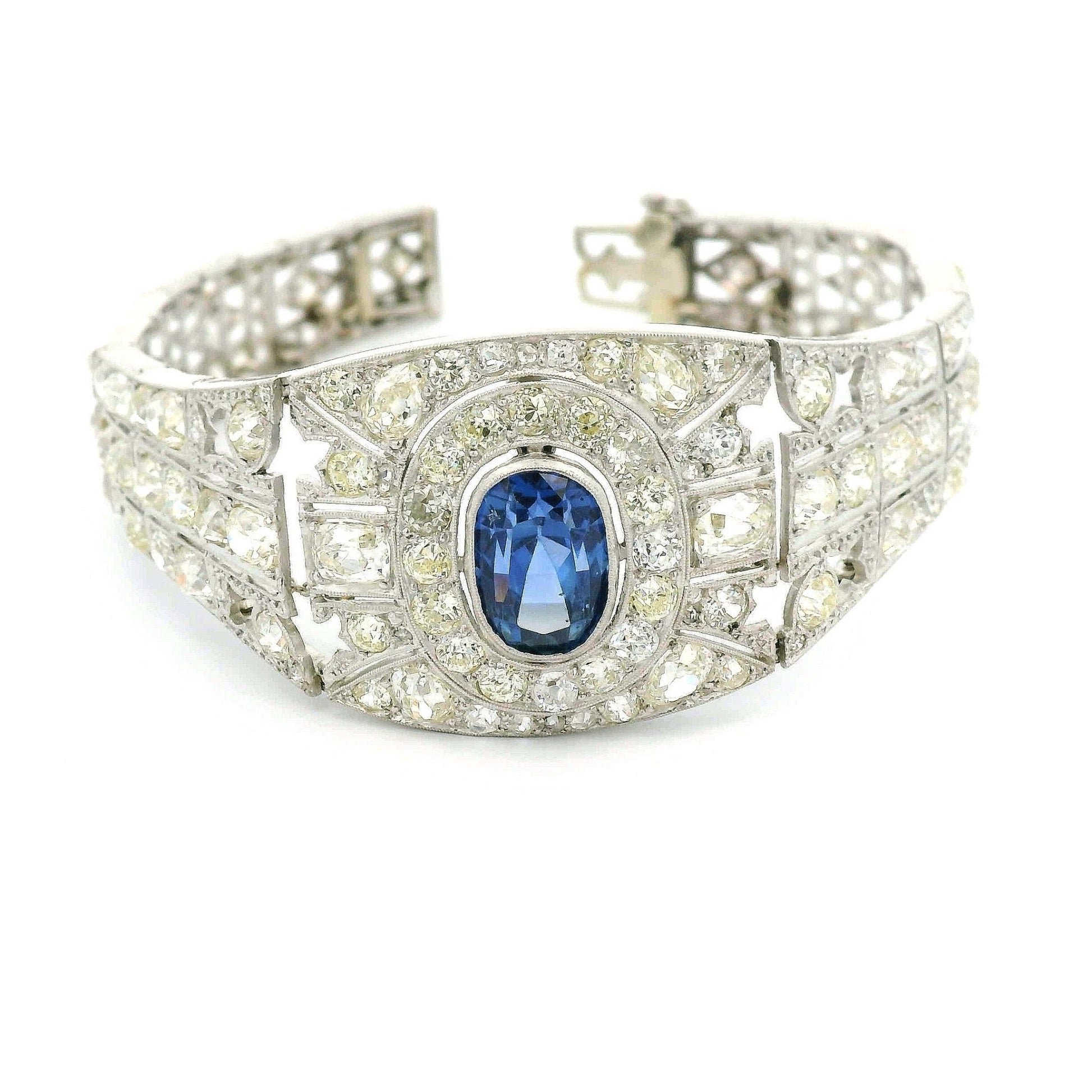 Art Deco GIA Certified No Heat, Sri Lanka Sapphire & Mine Cut Diamond Bracelet - Forever Rox