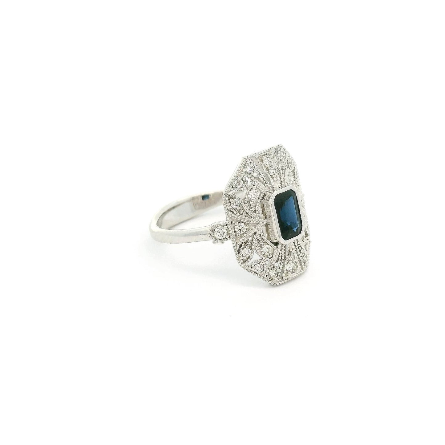 Art Deco Style Emerald Cut Sapphire & Diamond Ring - Forever Rox Fine Jewelry