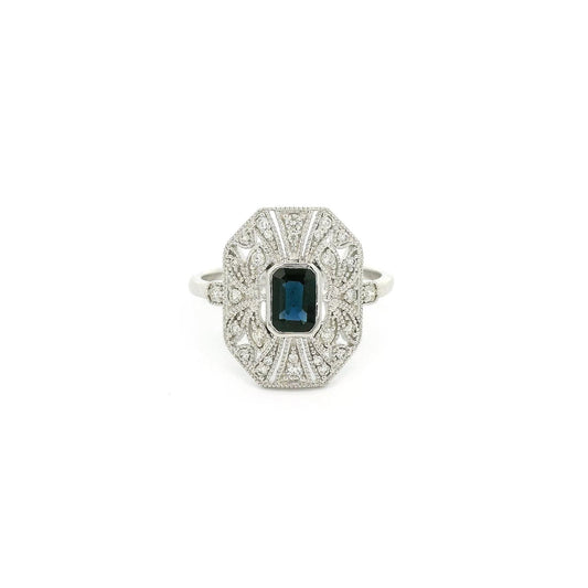 Art Deco Style Emerald Cut Sapphire & Diamond Ring - Forever Rox Fine Jewelry